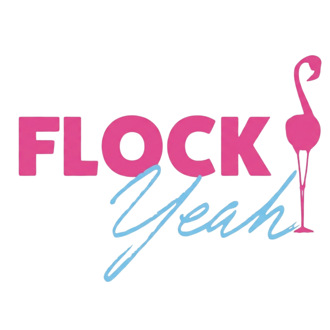 Flock Yeah Marketing logo with flamingo and pink text.